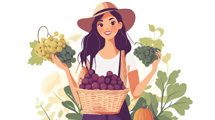 Female Farmer Harvesting Grapes in Basket Flat Vector Illustration