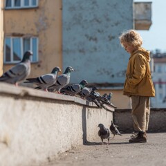 Thoughtful blond kid in yellow jacket observes gathering pigeons on stone wall in urban setting during daytime