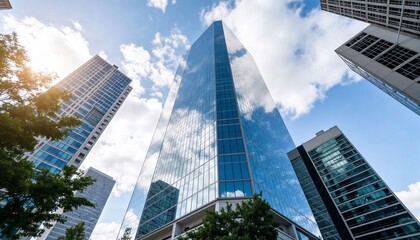 Fototapeta premium Modern skyscraper reflecting clouds under blue sky 