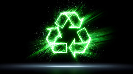 Glowing green recycle symbol with digital particle effect, environmental sustainability, eco friendly energy, futuristic style, and positive impact concept