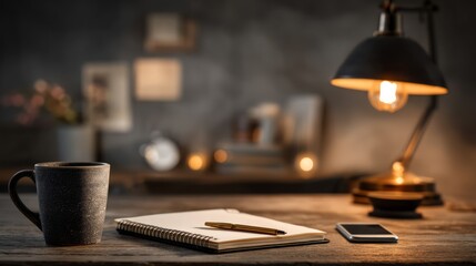 Obraz premium Cozy Workspace with Mug, Notebook, Pen, Lamp, and Smartphone on Table
