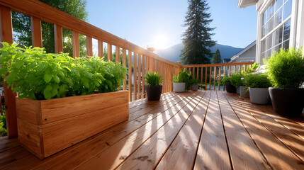 Fototapeta premium Peaceful urban balcony garden with wooden deck, potted green plants, sunlight, and mountain view, creating relaxing outdoor atmosphere for home living