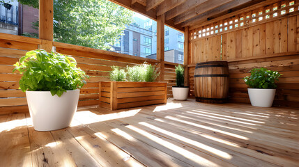 Peaceful urban balcony garden with wooden deck, potted basil, rosemary, and barrel, sunlight streaming through slats, creating relaxing and natural outdoor retreat
