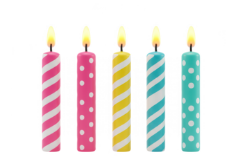 Five brightly colored birthday candles with stripes and polka dots, isolated on transparent background