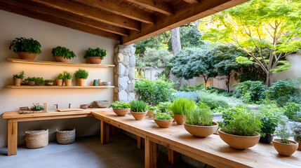 Fototapeta premium Natural light fills slow living inspired garden kitchen with wooden shelves, potted herbs, and view of lush greenery, creating peaceful and inviting atmosphere