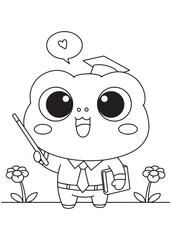 Coloring book frog teacher with book and pointer.