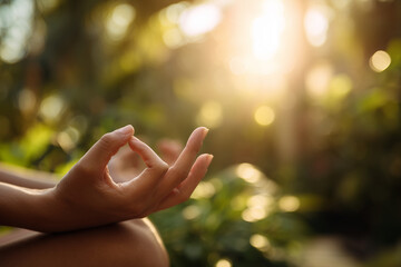 close-up of hands in a yoga mudra pose, with soft-focus greenery and sun flares in the background emphasis on mindfulness and serenity.