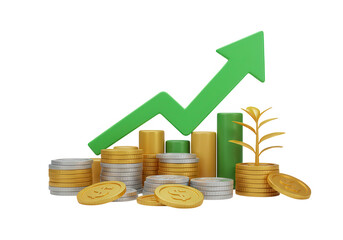 A vibrant 3d rendering shows stacks of gold and silver coins, a green upward arrow, and a growing plant, symbolizing financial growth, isolated on transparent background