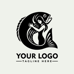 A stylized logo featuring a mermaid embracing a fish, a design for a company or brand.
