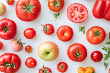 Fototapeta premium Assorted red tomatoes, a green apple, and a yellow pepper on white background