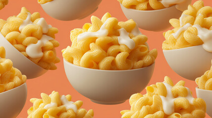 Rows of Delicious Pasta Bowls Topped with Creamy Sauce on Orange Background
