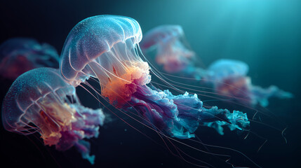 Elegant Glowing Jellyfish in a Tranquil Deep-Sea Environment