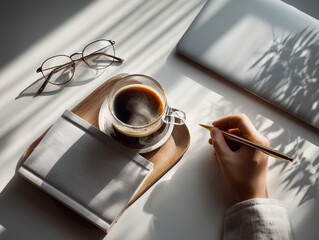 Minimalist Workspace with Coffee Cup, Notebook, Laptop, and Glasses
