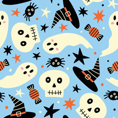 Halloween Seamless Pattern Ghosts Background Skull