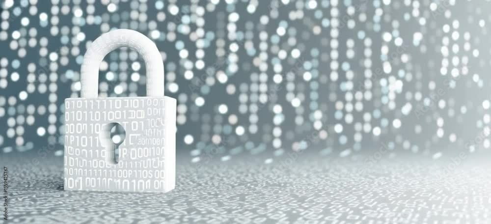 Poster cybersecurity banner background with a padlock and binary code vector illustration, in white color w