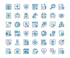 Health insurance icons. Vector line icon set. Modern outline design. Blue concept
