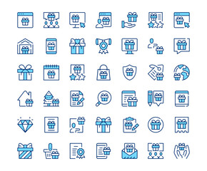 Gift icons. Vector line icon set. Modern outline design. Blue concept
