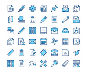 Stationery icons. Vector line icon set. Modern outline design. Blue concept
