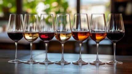 Fototapeta premium Wine tasting experience. Rows of various wine glasses