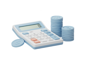 A blue plastic calculator sits next to stacks of light blue coins isolated on transparent background