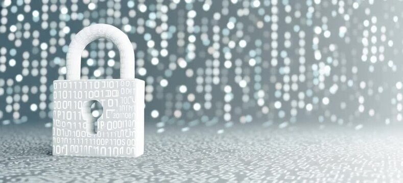 Cybersecurity banner background with a padlock and binary code vector illustration, in white color with a blue-grey gradient on a white background Generative AI