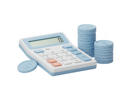 A blue plastic calculator sits next to stacks of light blue coins isolated on transparent background