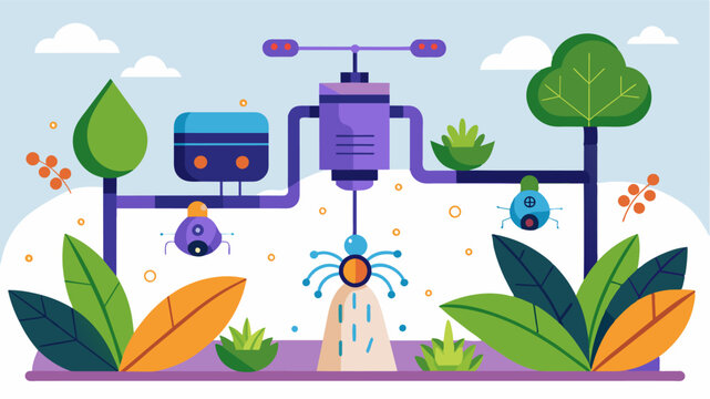A smart irrigation system powered by AI that automatically adjusts water supply based on realtime pest activity to prevent overwatering and reduce pest grounds.. Vector illustration