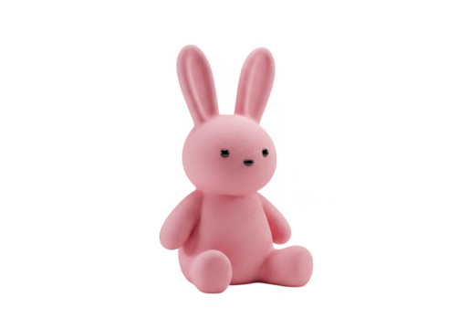 A cute pink plush bunny rabbit toy sits isolated on transparent background
