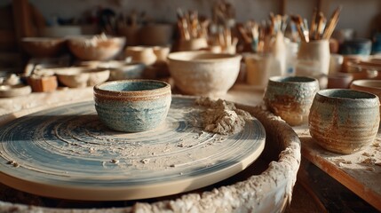 Fototapeta premium Crafting Beautiful Pottery in Well-Lit Artisan Studio with Clay and Tools