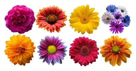 Colorful Floral Collection of Various Flower Types and Colors, isolated on transparent background