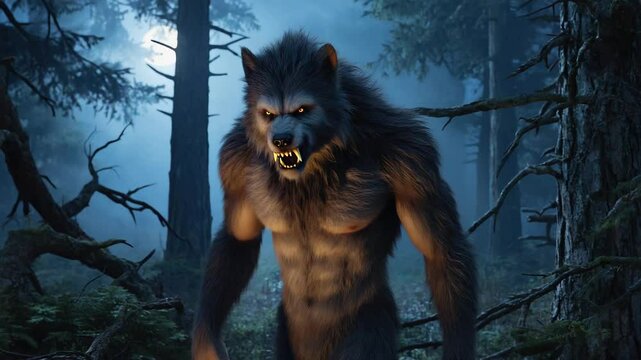 Halloween Werewolf IN A foggy Forest Against a Full Moon