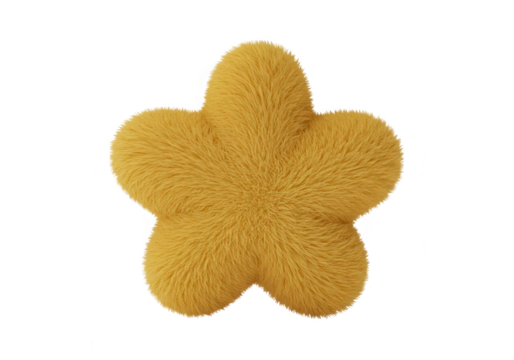 A fluffy yellow starshaped plush toy is isolated on transparent background