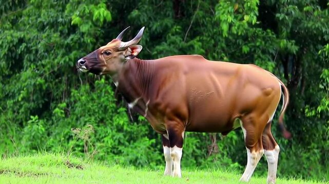 Bongo antelope standing alert in the green jungle