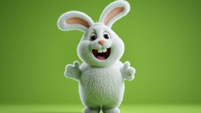 A cheerful white rabbit with big ears and a wide smile standing on a green background in a studio
