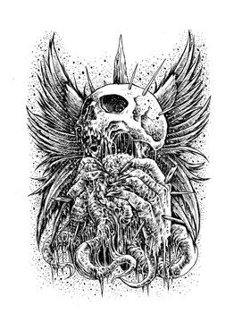 skull with wings black and white version digital illustration artworks