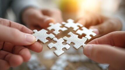 Naklejka premium Teamwork and Collaboration Concept with Puzzle Pieces in Focused Hands