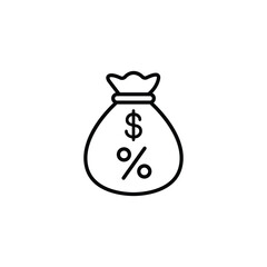 Simple line art icon representing a money bag with a percent symbol inside, symbolizing interest and financial gains.