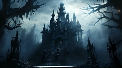 A gothic castle emerges from the shadows, a chilling sight in a foreboding landscape. - Powered by Adobe