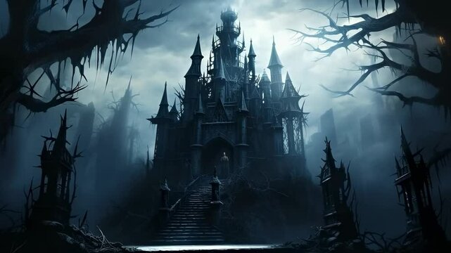 A gothic castle emerges from the shadows, a chilling sight in a foreboding landscape.