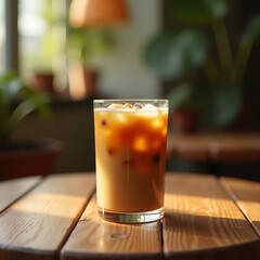 A refreshing glass of iced coffee with ice cubes sits on a wooden table in a cafe