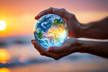 Hands gently holding a glowing earth globe against a vibrant sunset over the ocean