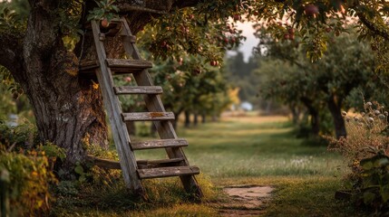 Rustic Wooden Ladder Beside Apple Tree in Serene Orchard Landscape