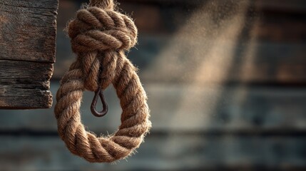 Detailed Rope Noose Hanging from Wood Plank in Sunlit Environment