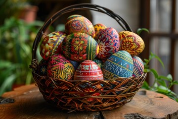 hand-painted Ukrainian pysanka eggs, wooden basket, rural setting, realistic style, soft morning light, vibrant multicolored tones, centered composition with negative space at bottom