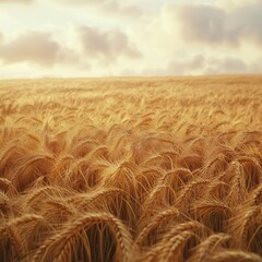 Golden wheat field swaying gently in the wind under soft clouded sky, camera moving smoothly across the field, soft golden light, high-quality render