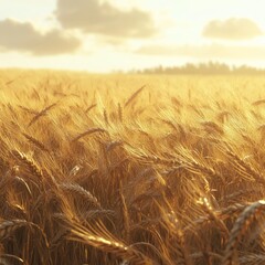 Golden wheat field swaying gently in the wind under soft clouded sky, camera moving smoothly across the field, soft golden light, high-quality render 