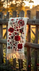 embroidered Ukrainian rushnyk towel, rustic wooden fence, outdoor scene, realistic style, golden sunlight, vivid red and white tones, rule of thirds with towel on right