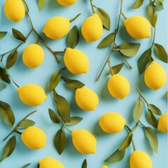 cute yellow lemons on a light blue background, 3d embossed wool felt artwork design, all over print