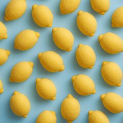 cute yellow lemons on a light blue background, 3d embossed wool felt artwork design, all over print 