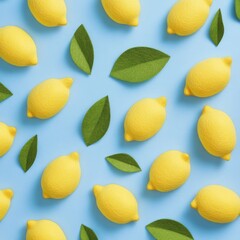 cute yellow lemons on a light blue background, 3d embossed wool felt artwork design, all over print 